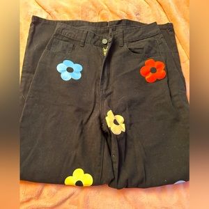 Denim Floral Pattern Wide Leg Jeans